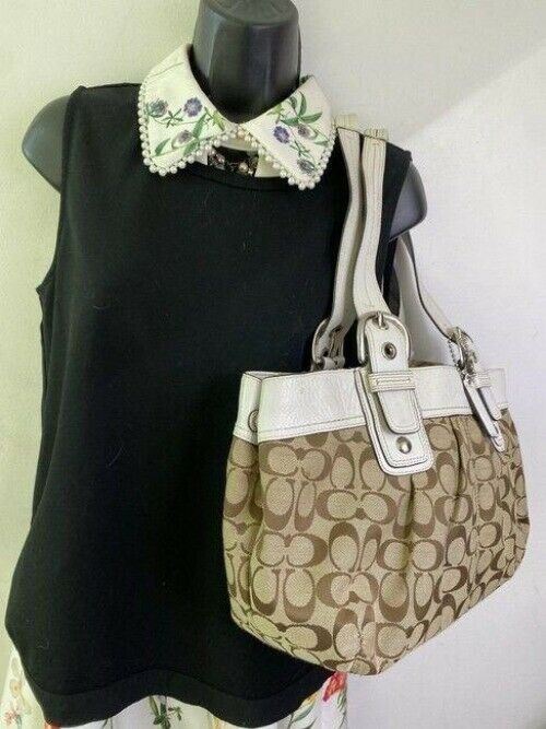 coach bag white brown fabric tote