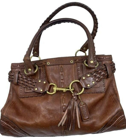 coach w medium w braided design whiskey brown leather shoulder bag