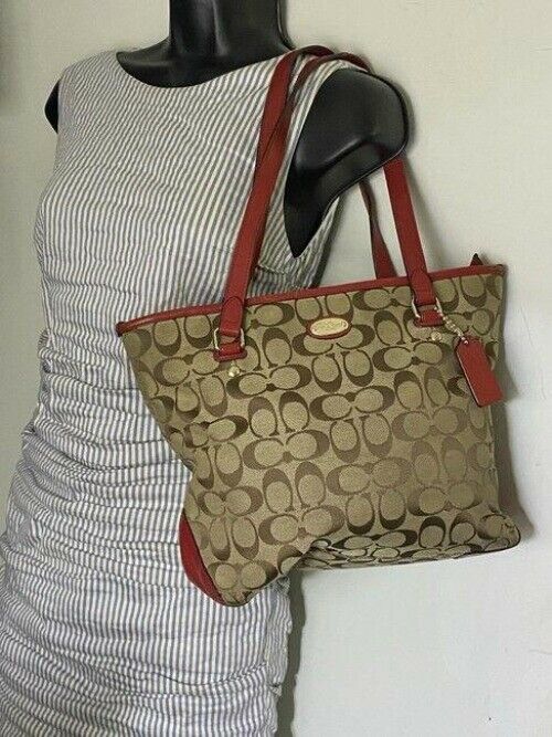 Coach Medium Tote Msrp Beige Tan Jacquard Fabric Shoulder Bag