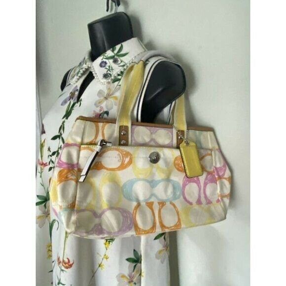 Coach Women's White Yellow Medium Fabric Tote Bag