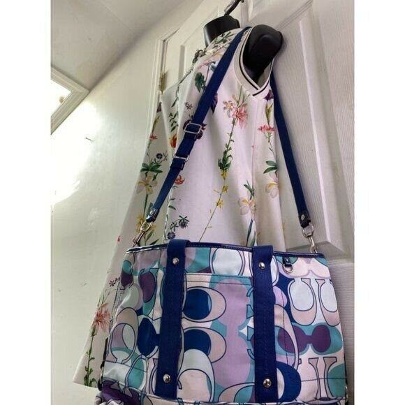 COACH Large Blue White Purple Jacquard Fabric Tote Bag