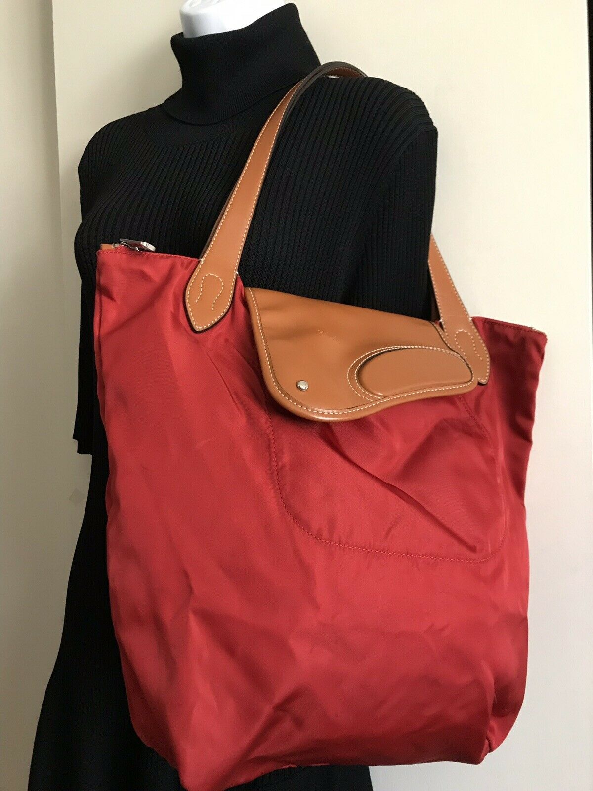 RALPH LAUREN Extra Large Red Nylon Tote With Leather Detail