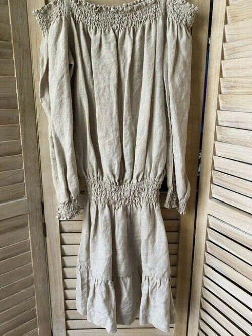 Nicole Miller khaki new linen off the shoulder msrp mid length short casual dres