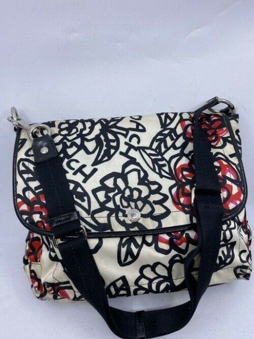 coach tote black white red fabric messenger bag