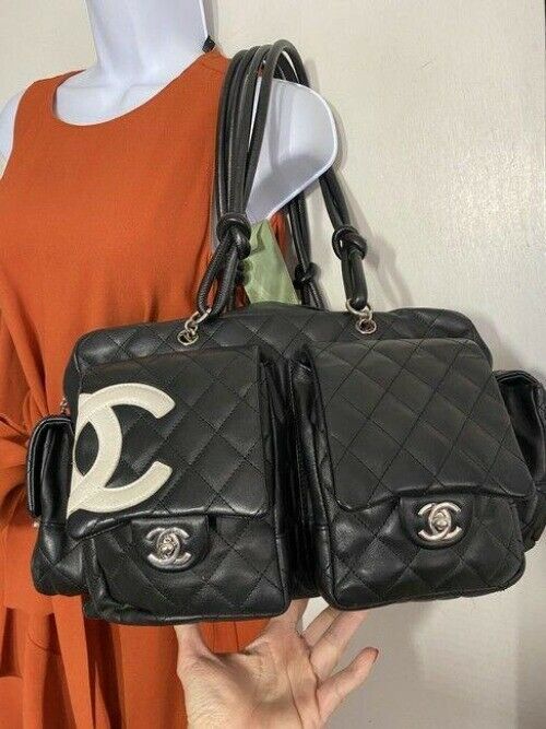 Large Chanel Cambon reporter bag black with white CC logo