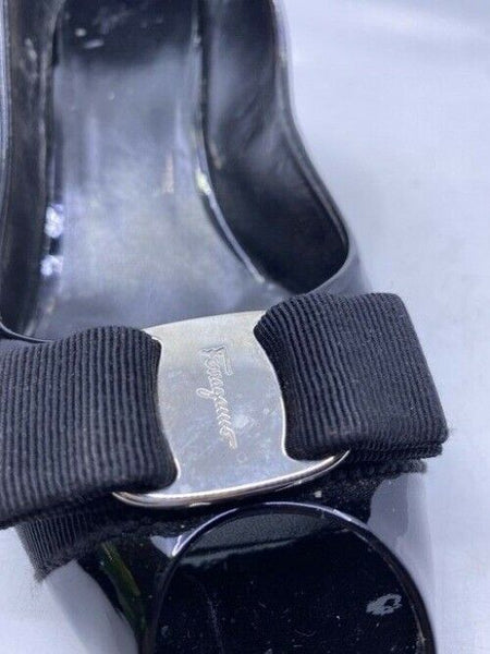 Salvatore Ferragamo Black Ribes Open Toe Bow Pumps Size Us
