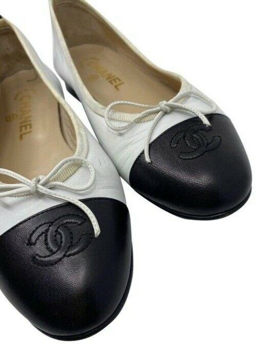 Chanel black white white leather cap toe ballerina flats size eu
