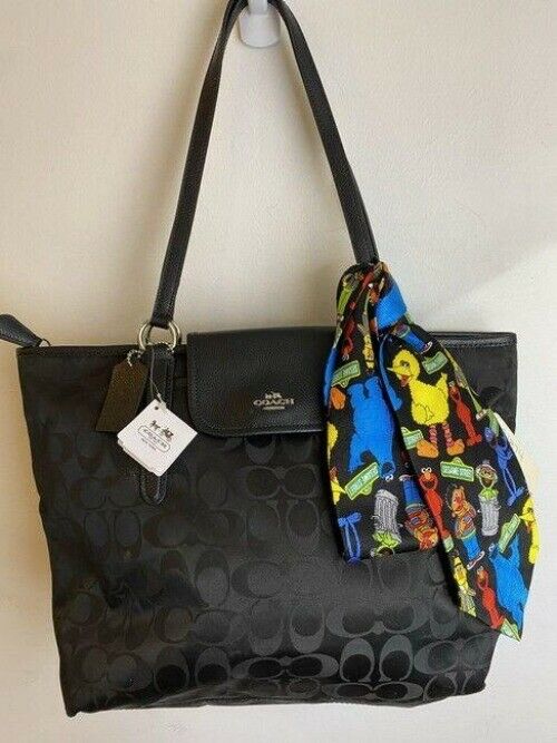 coach bag w w add on sesame street tie accesory black fabric tote