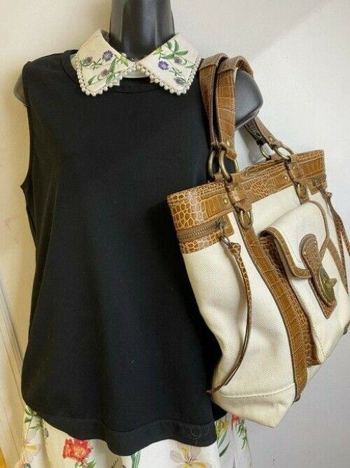 coach bag xl w w croc embossed leather trim brown white canvas tote