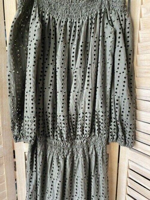 Nicole Miller olive off the shoulder eyelet msrp small long casual maxi dress