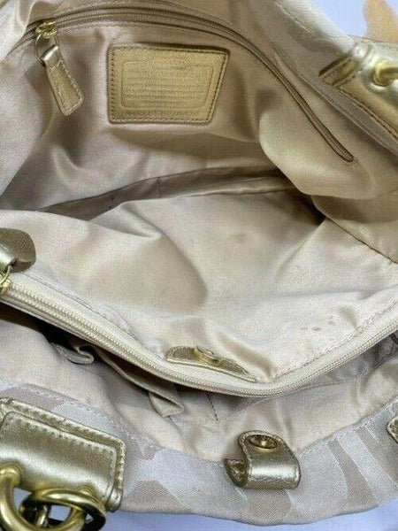 coach large gray gold fabric shoulder bag