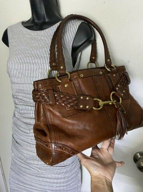 coach w medium w braided design whiskey brown leather shoulder bag