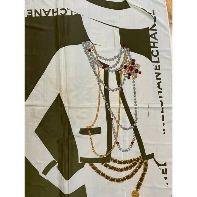 CHANEL Vintage Silk Ivory Scarf W/ iconic Chanel Lady design
