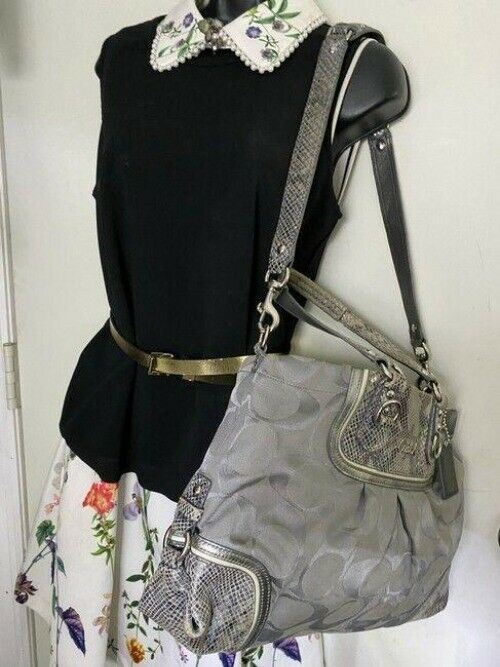 coach large snakeskin gray fabric shoulder bag
