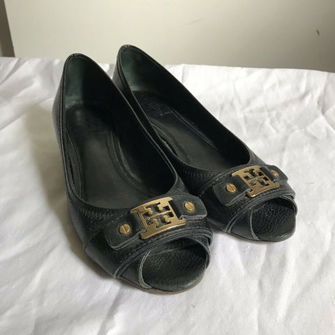 TORY BURCH Black Peep Toe Wedge Sz 8