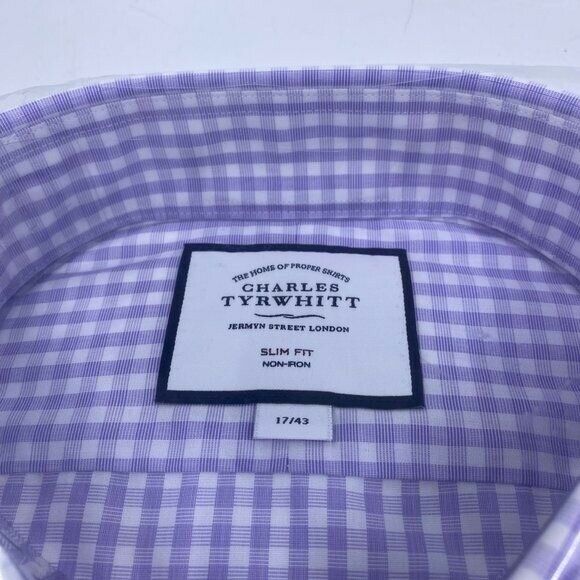 Charles Tyrwhitt purple non iron natural cool poplin check slim fit SS shirt