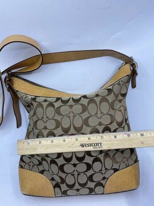 coach medium size tan brown jacquard fabric cross body bag