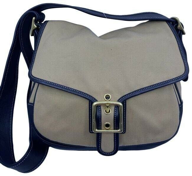 coach fabric canvas medium tan black canvas leather cross body bag