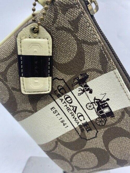 Coach Signature C Stripped Tag Brown Beige Wristlet