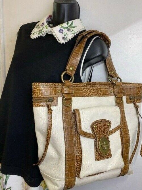 coach bag xl w w croc embossed leather trim brown white canvas tote