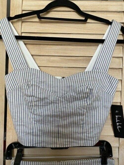 Nicole Miller blue white new stripe cotton crop two piece set msrp