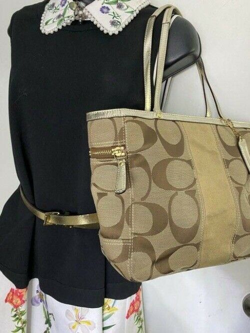 coach large brown silver tan fabric shoulder bag