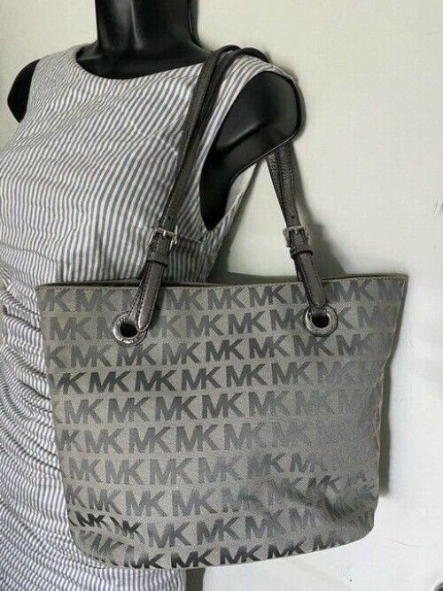 michael kors bag all over logo medium gray silver jacquard fabric tote