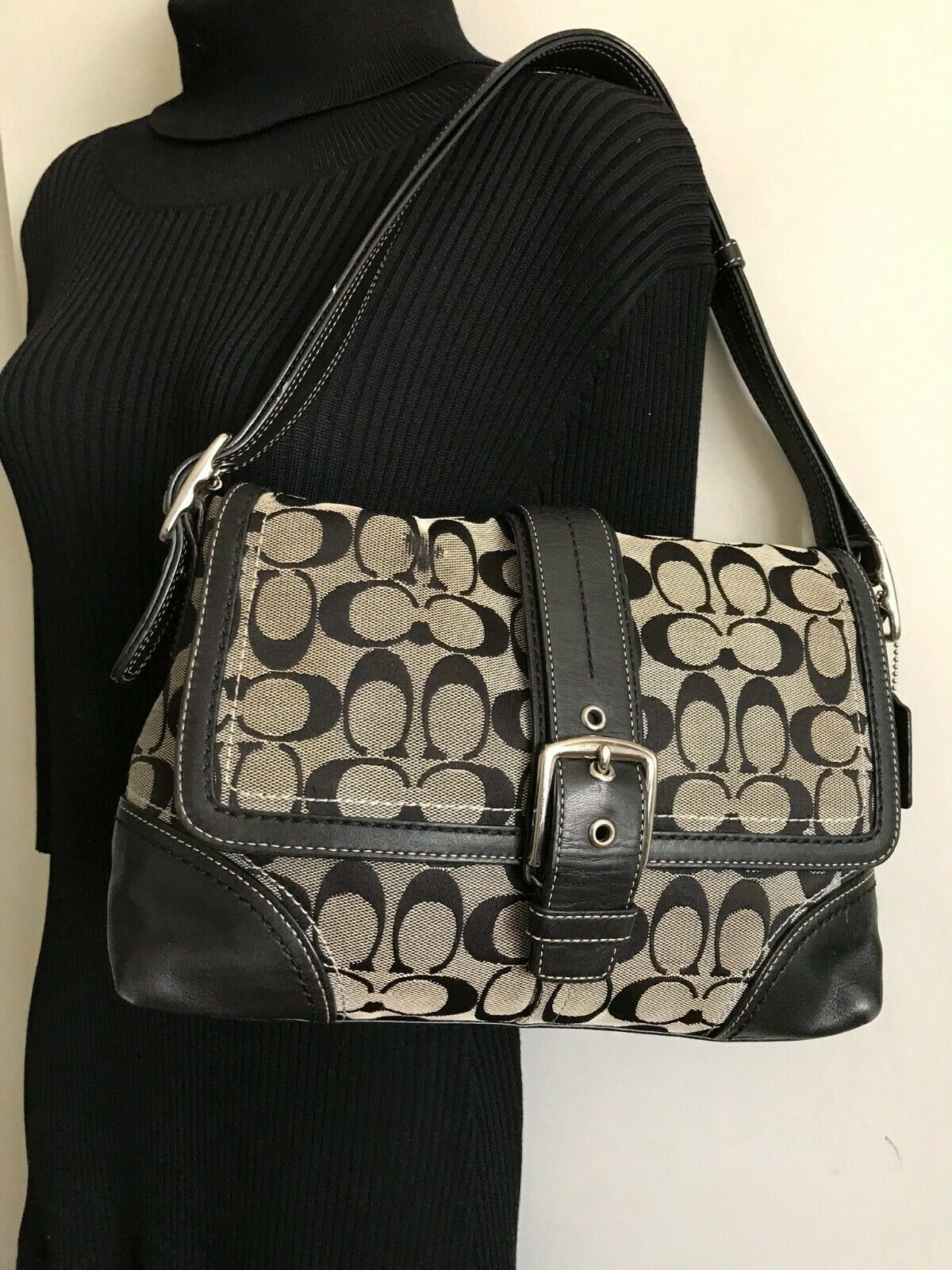 Coach Black Fabric Signature hand bag