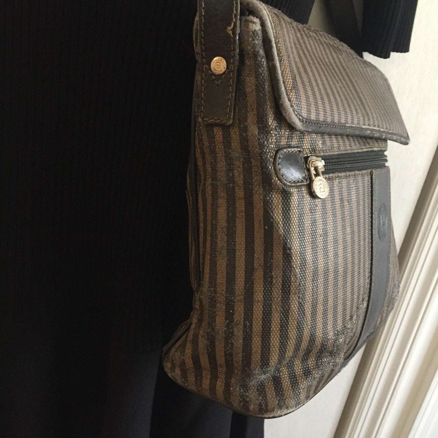 Vintage FENDI Brown/ Mahogany Stripe Flap Crossbody Bag