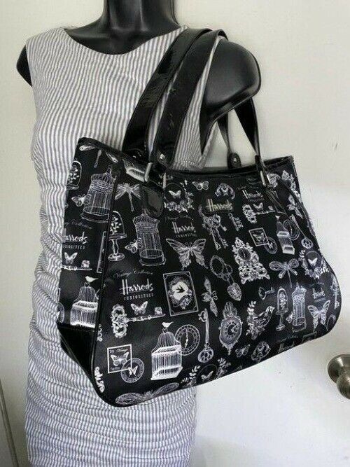 Harrods Shoulder Bag Black White Nylon Fabric Tote
