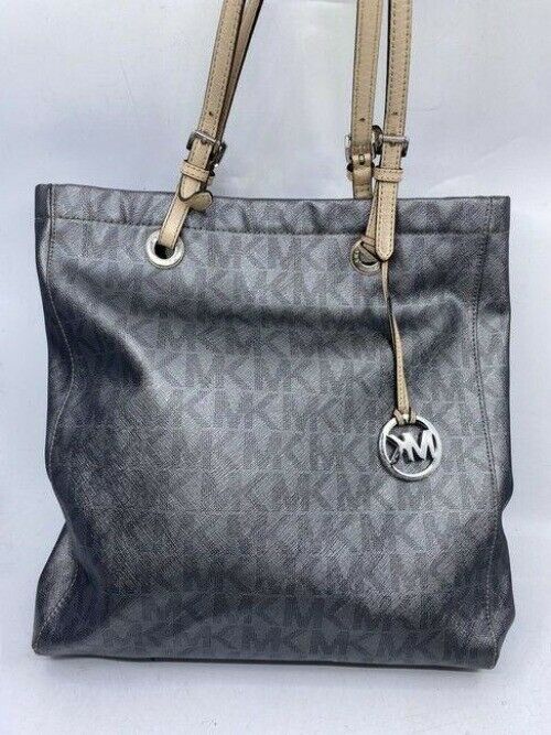 michael kors bag all over logo grey silver leather tote