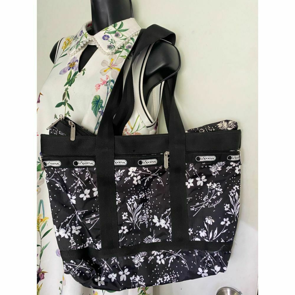 Le Sportsac Black White Floral Nylon Tote Bag