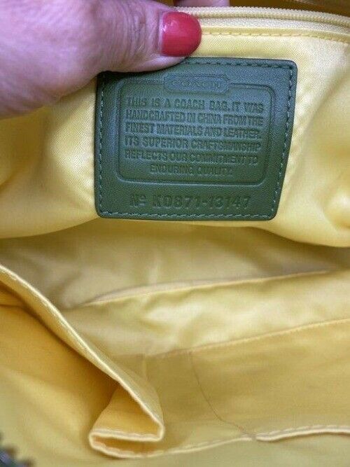 coach medium handbag green white coated canvas tote