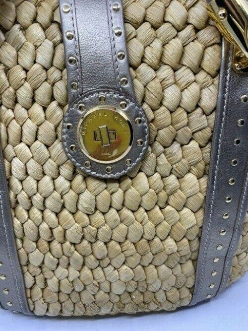 michael kors shopping xl w w leather trim gray beige woven tote