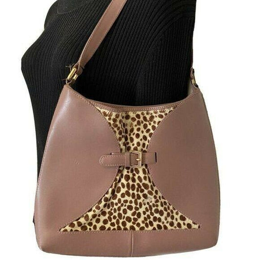 FURLA Pink Leather Animal Print Fur Contrast Handb