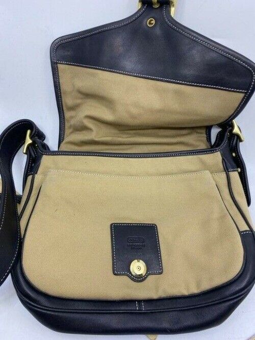 coach fabric canvas medium tan black canvas leather cross body bag