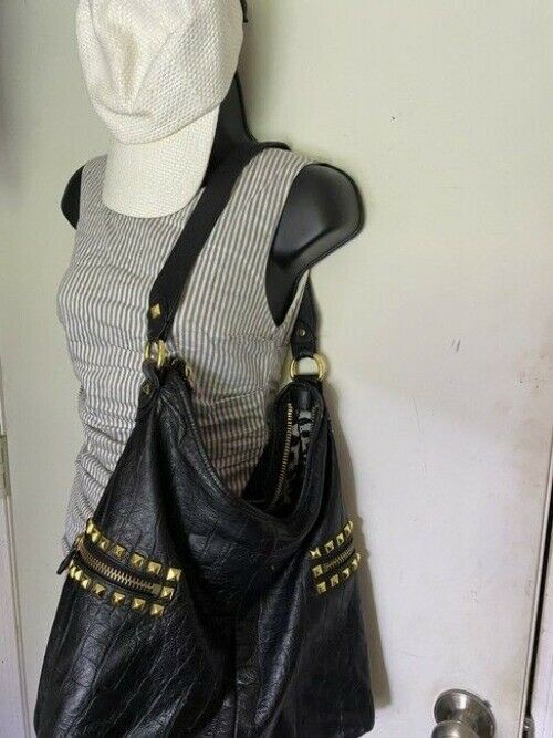 Betsey Johnson Large Studded Zippered Black Leather Shoulder Bag