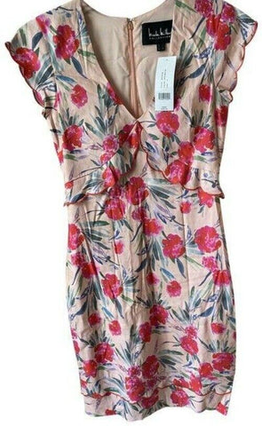 Nicole Miller red beige print linen msrp small short formal dress