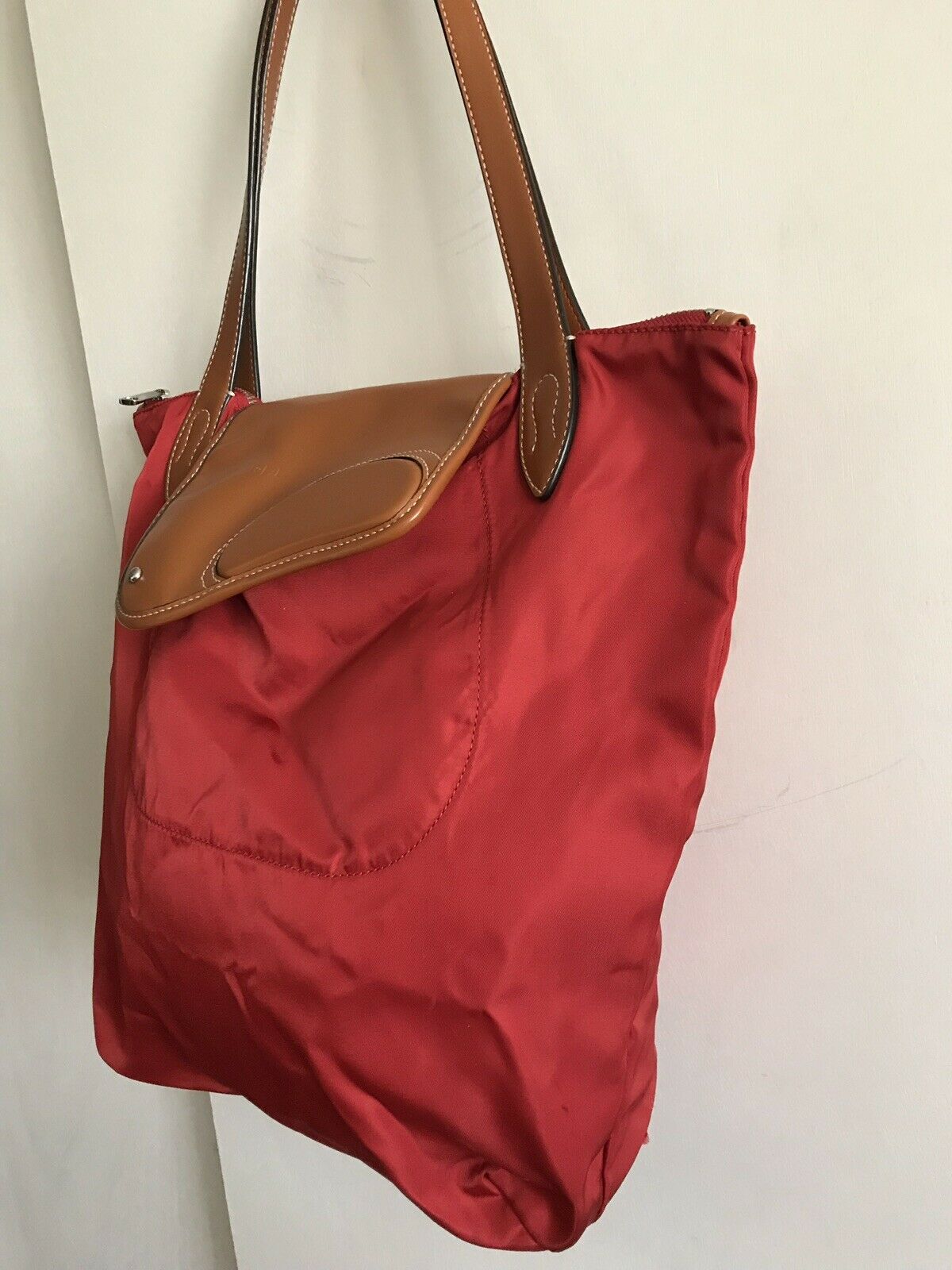 RALPH LAUREN Extra Large Red Nylon Tote With Leather Detail
