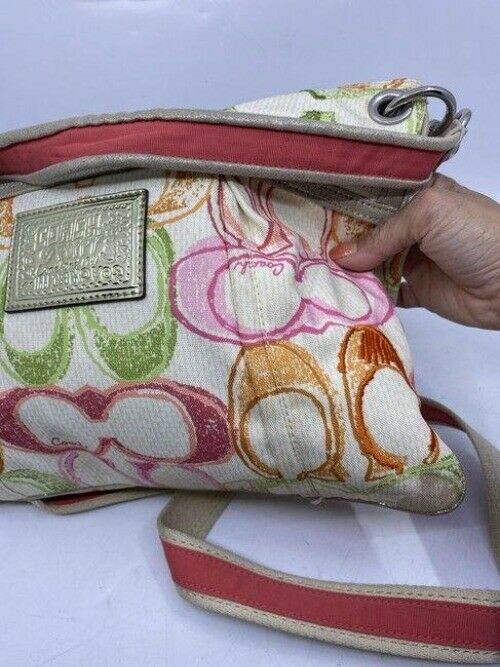 coach msrp white pink green fabric cross body bag