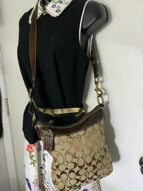 coach medium size brown beige jacquard fabric cross body bag