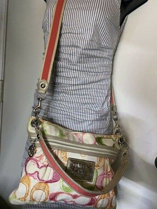 coach msrp white pink green fabric cross body bag