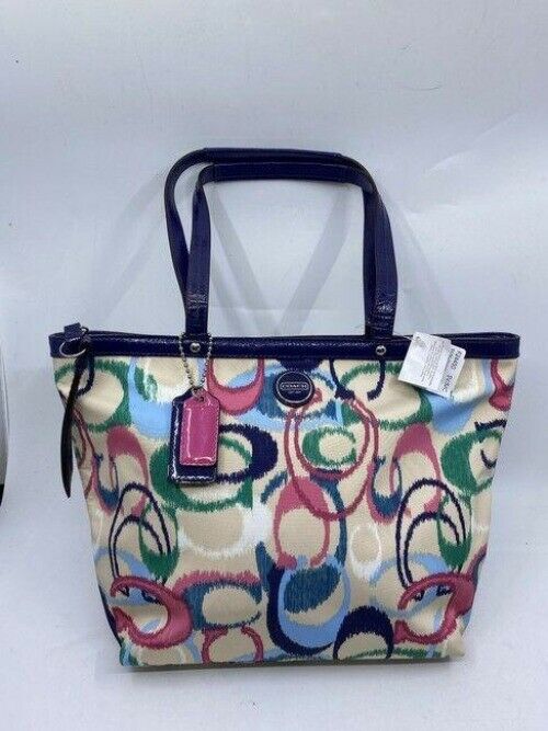 coach bag blue beige pink green fabric tote
