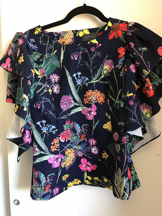 NWT Gracia Floral Navy W/ Statment Sleeves Small