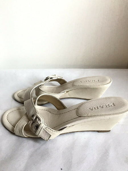 PRADA White Leather Wedge Sandals