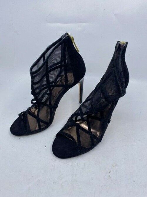 Black Xstal Mesh Peep Toe Heels In Leather Bootsbooties Size Eu