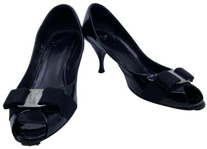 Salvatore Ferragamo Black Ribes Open Toe Bow Pumps Size Us