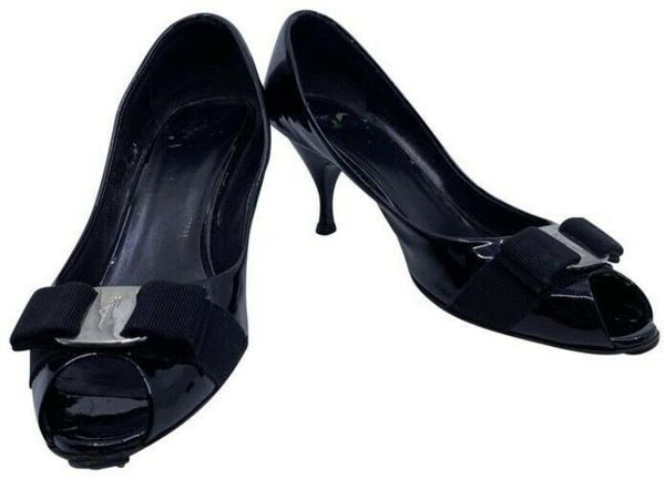 Salvatore Ferragamo Black Ribes Open Toe Bow Pumps Size Us