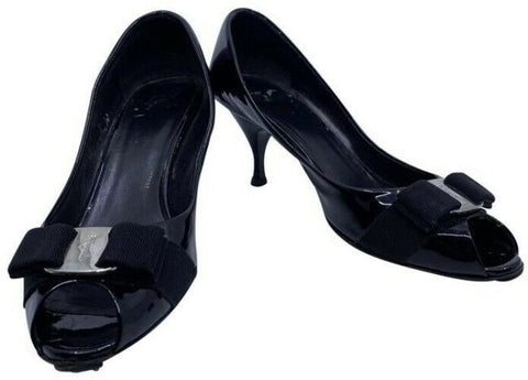 Salvatore Ferragamo Black Ribes Open Toe Bow Pumps Size Us