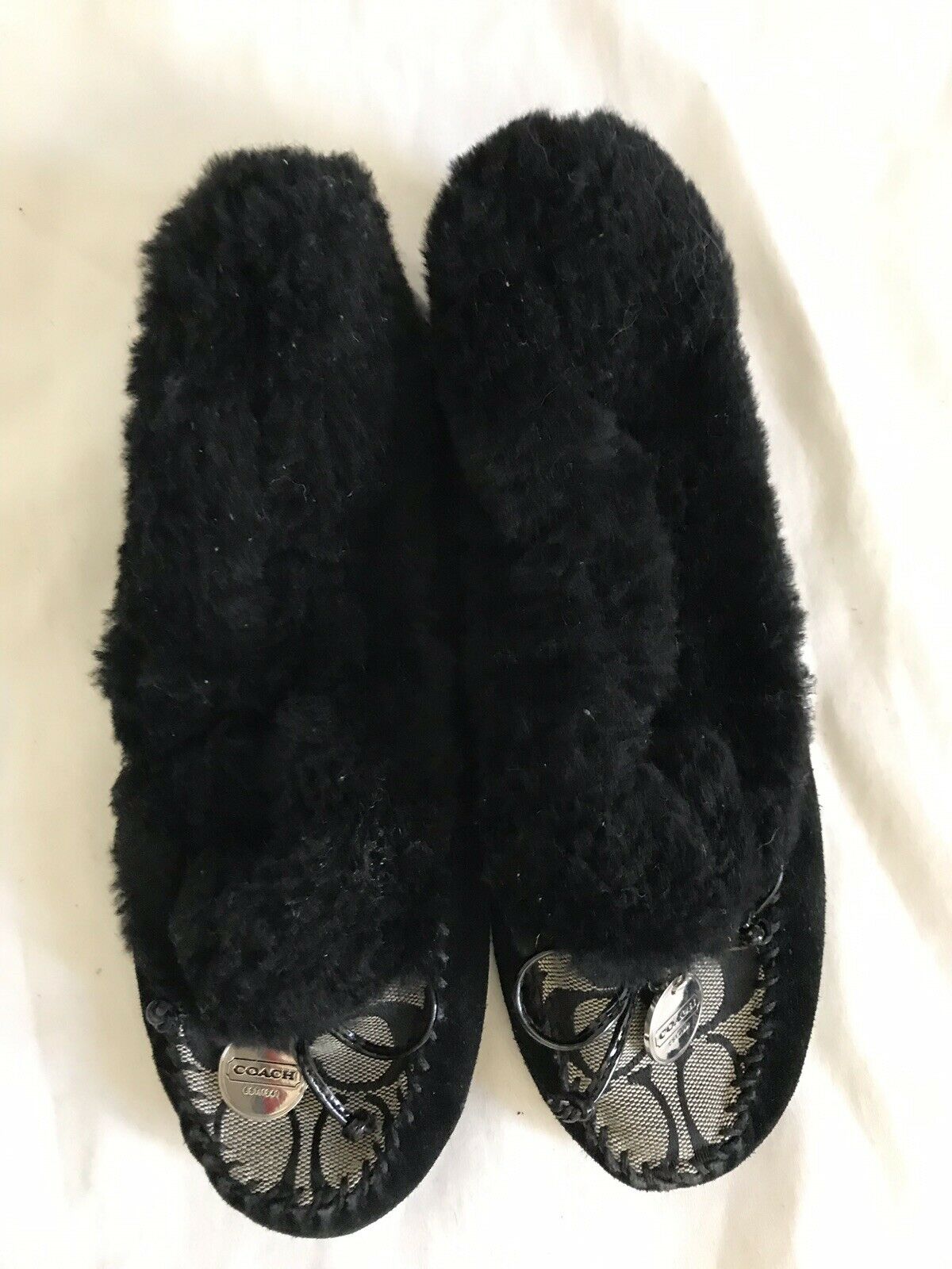 COACH Black Faux Fur/Jacquard Logo Moccasin Flats